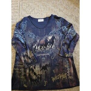 Cactus Bay Cute Embellished Top sz Large Tie Die print Horse Painting